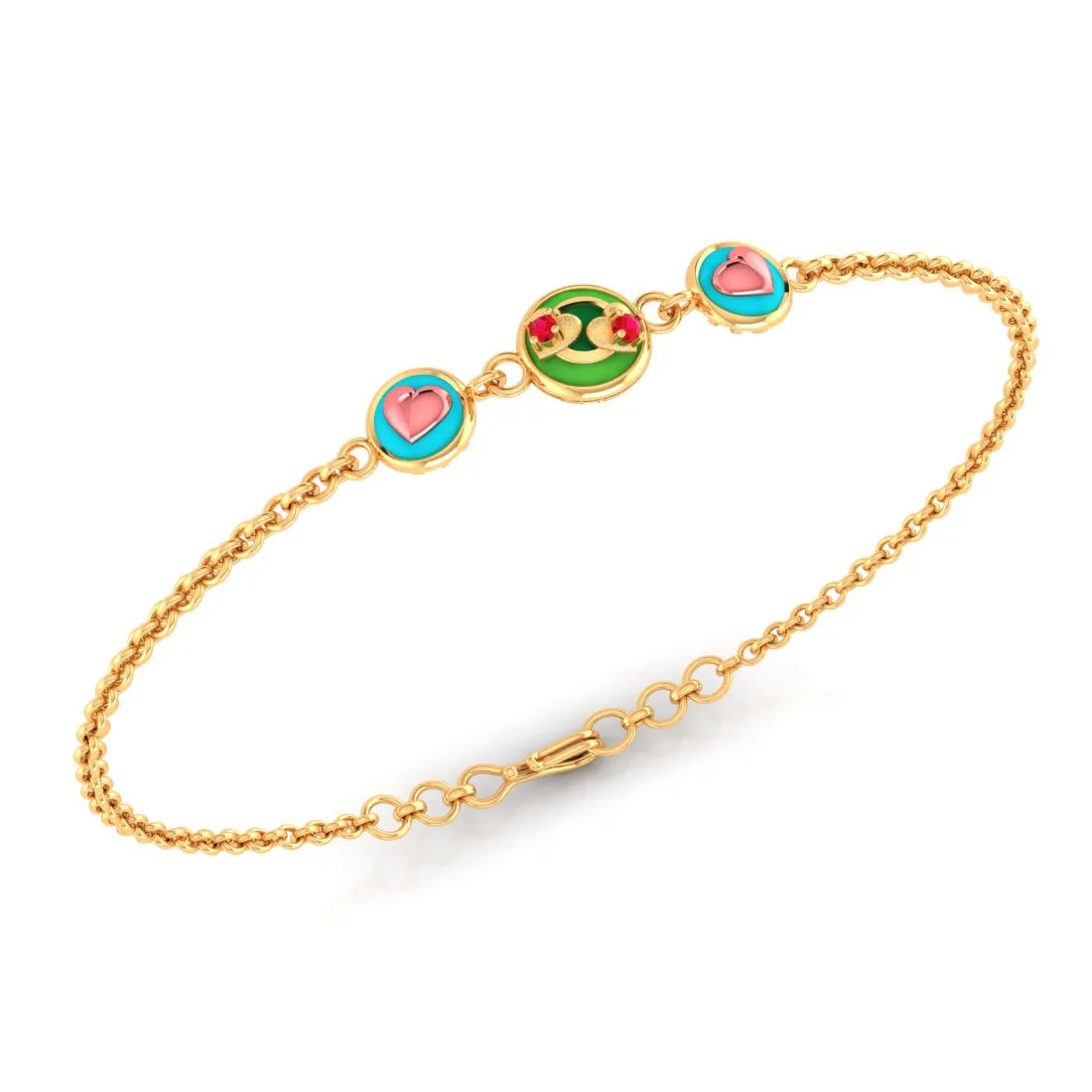 14k Gold Bracelet With Unique 3 Heart-shaped Designs