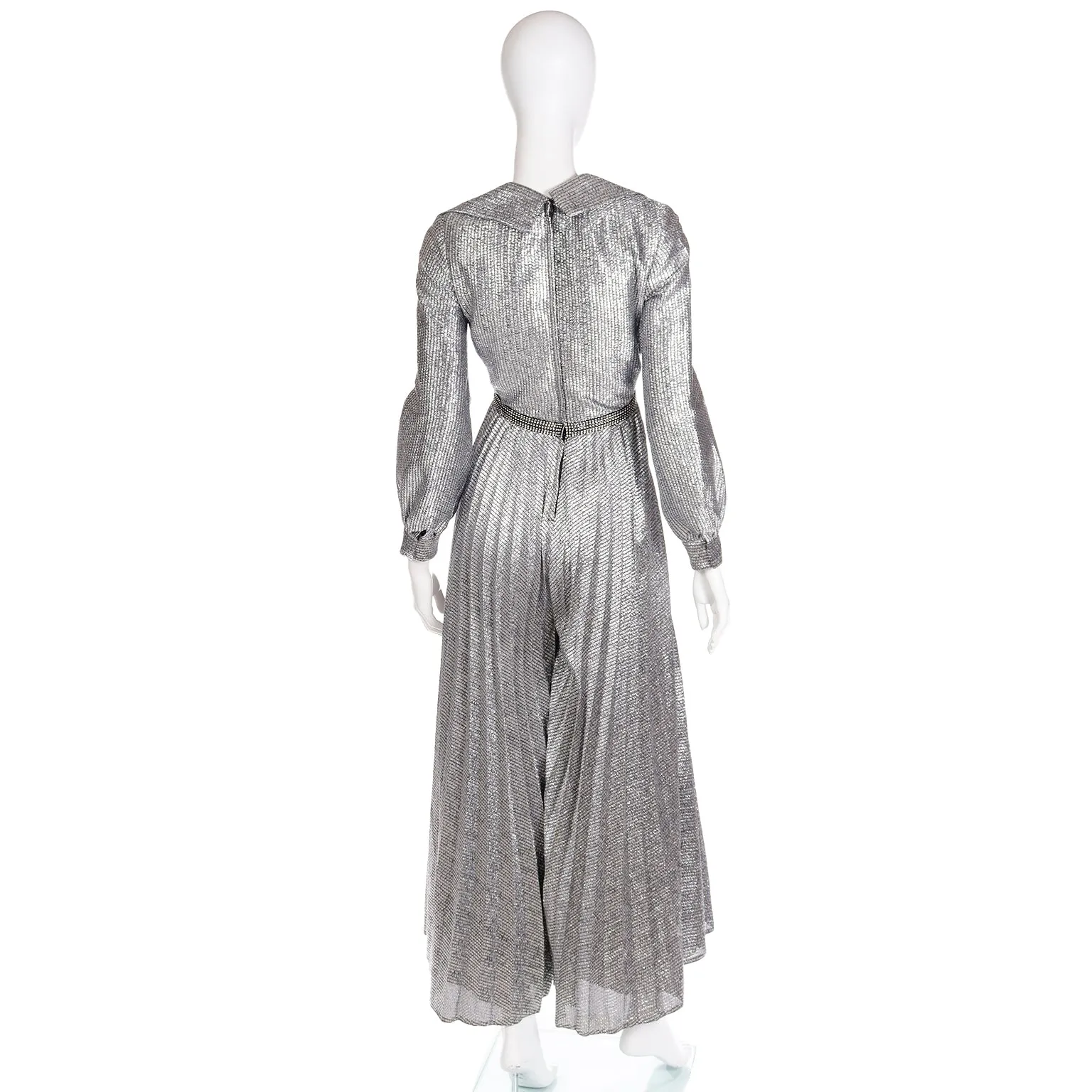 1970s Silver Lurex Wide Leg Pleated Palazzo Pant Jumpsuit Evening Dress Alternative