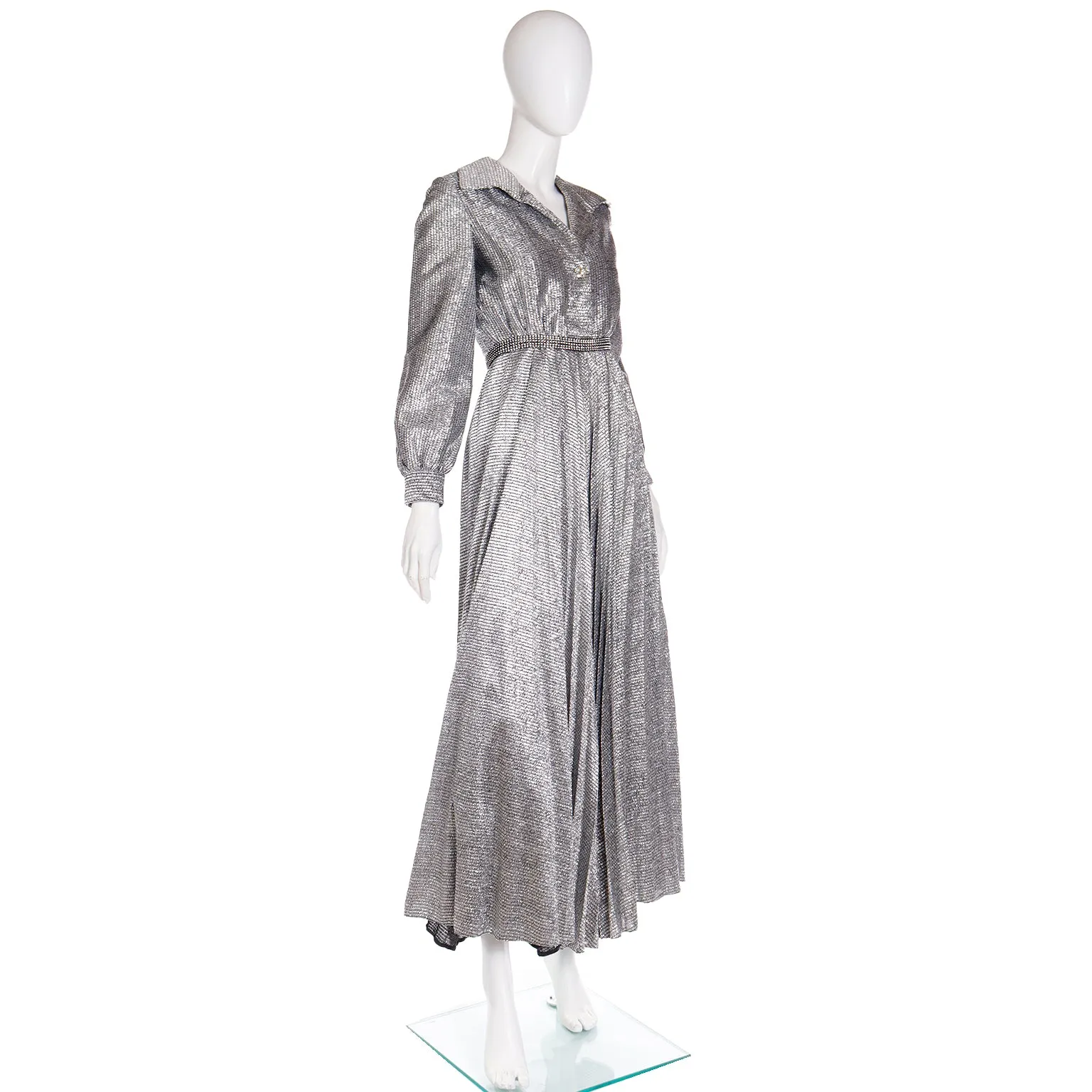 1970s Silver Lurex Wide Leg Pleated Palazzo Pant Jumpsuit Evening Dress Alternative