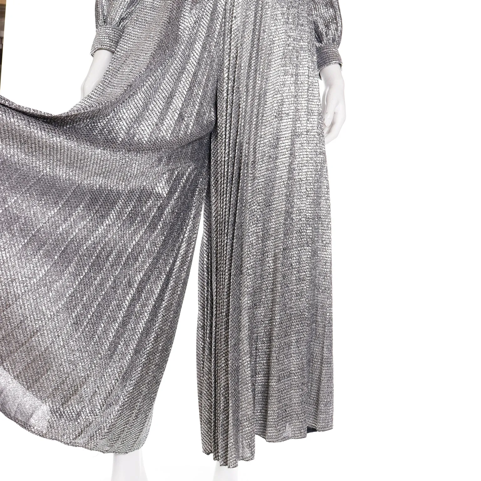 1970s Silver Lurex Wide Leg Pleated Palazzo Pant Jumpsuit Evening Dress Alternative