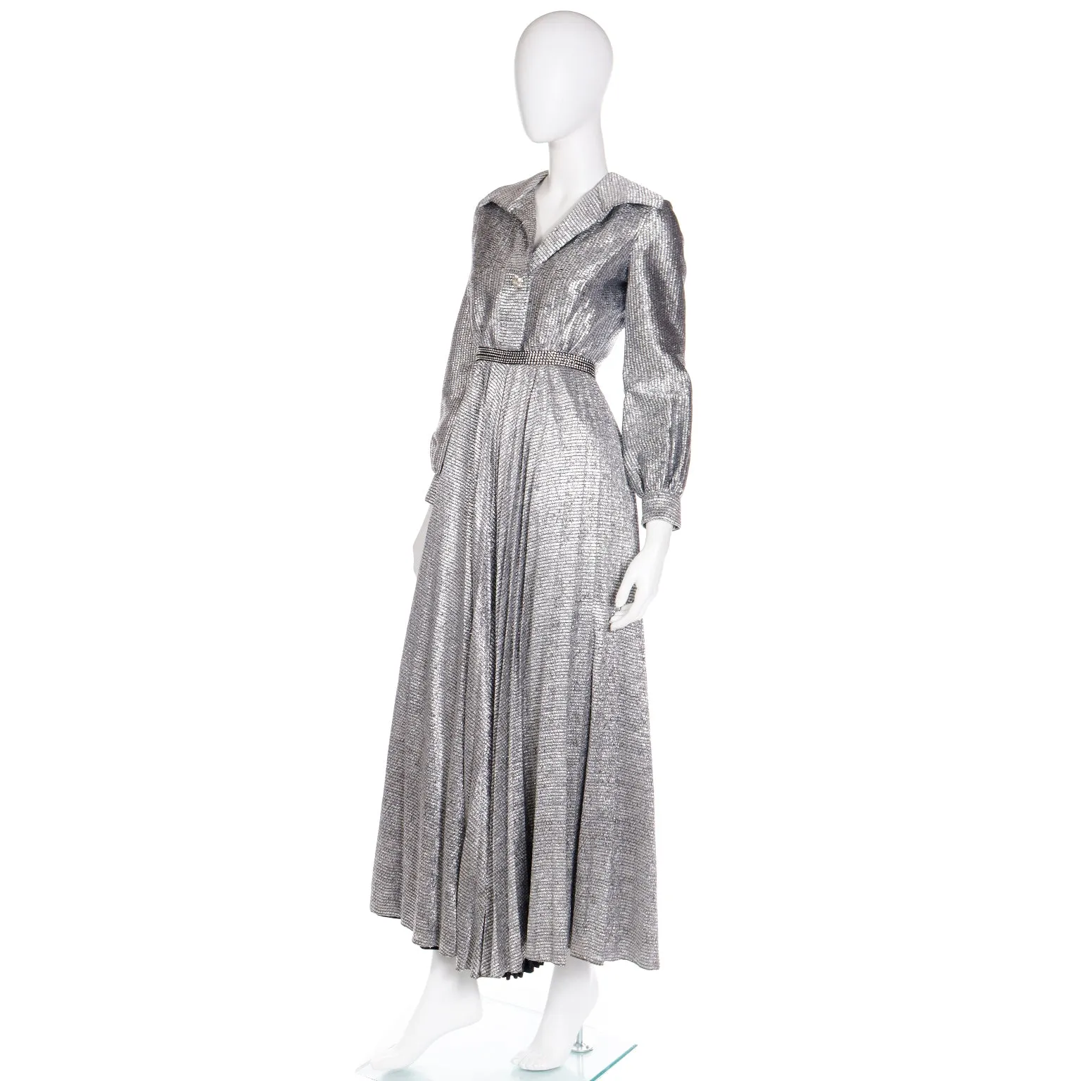 1970s Silver Lurex Wide Leg Pleated Palazzo Pant Jumpsuit Evening Dress Alternative