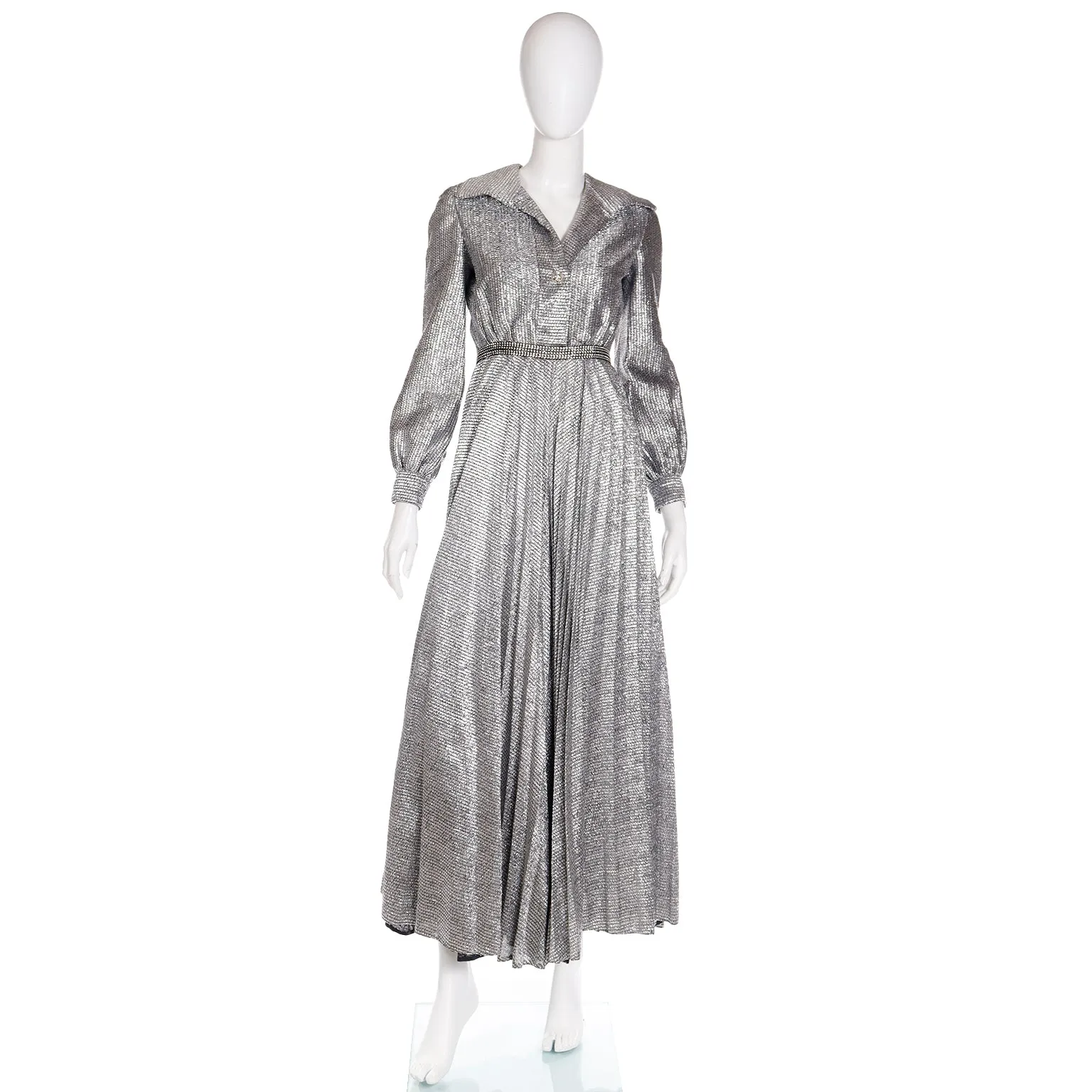 1970s Silver Lurex Wide Leg Pleated Palazzo Pant Jumpsuit Evening Dress Alternative