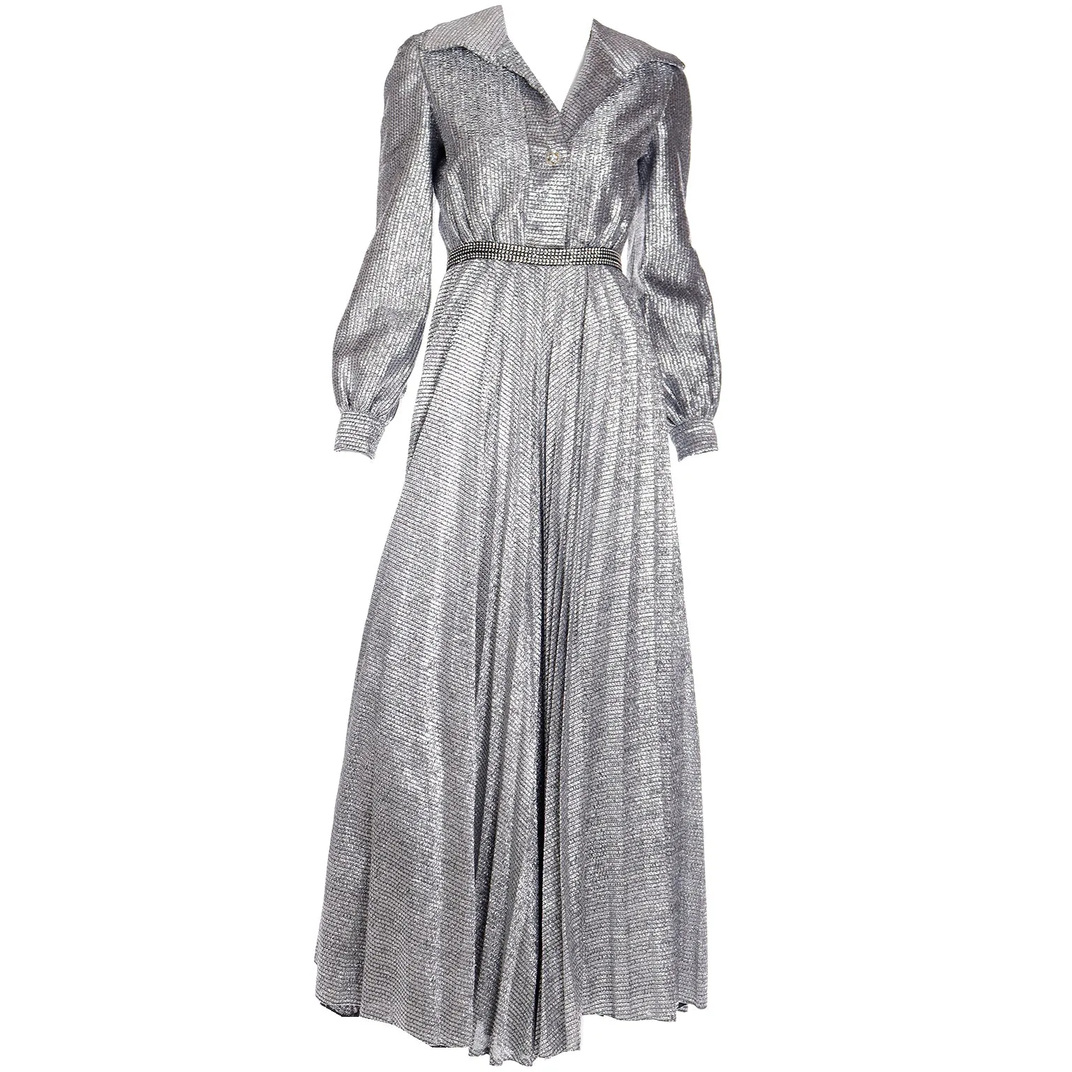 1970s Silver Lurex Wide Leg Pleated Palazzo Pant Jumpsuit Evening Dress Alternative