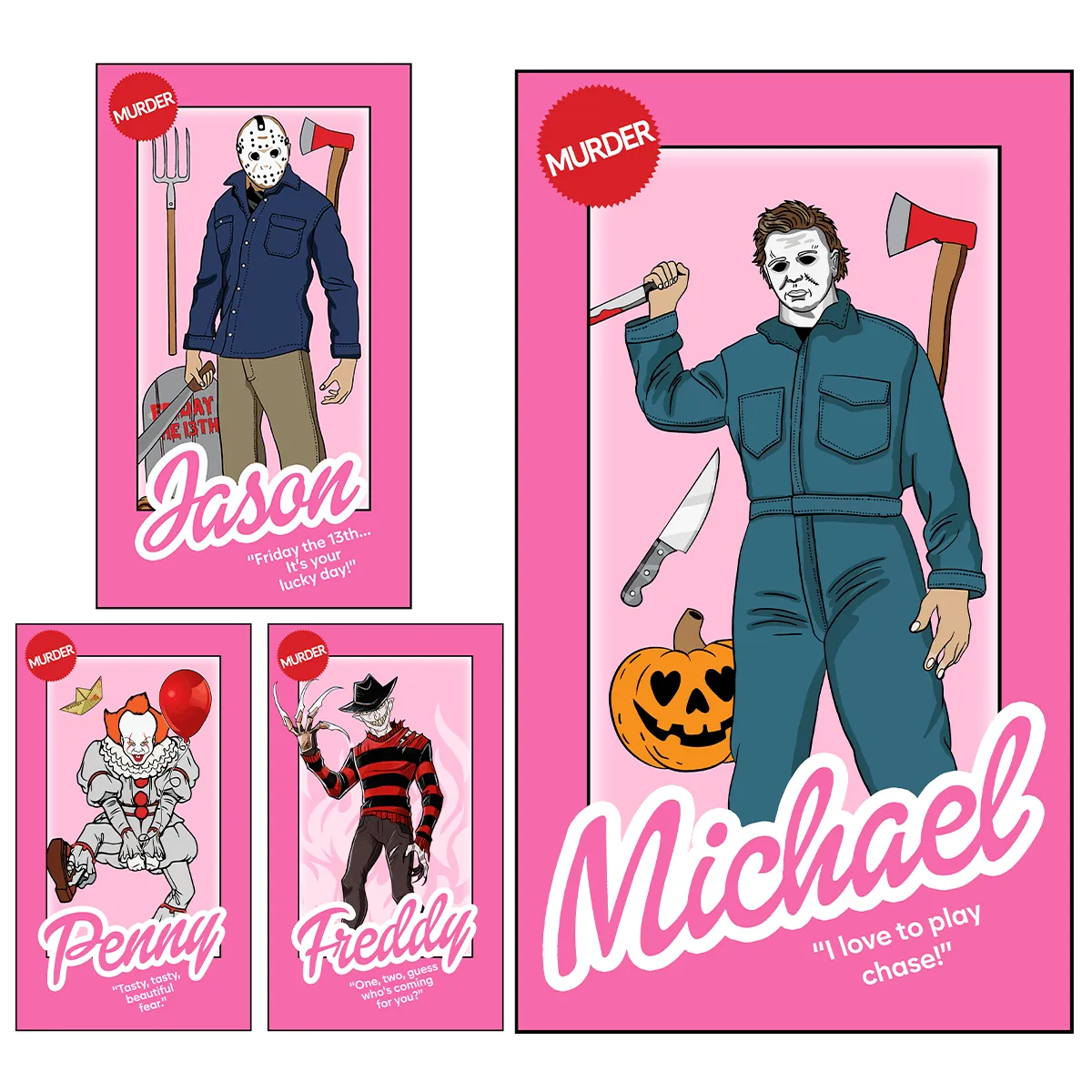 4 Halloween Slashers Pink Doll Box Designs Bundle PNG