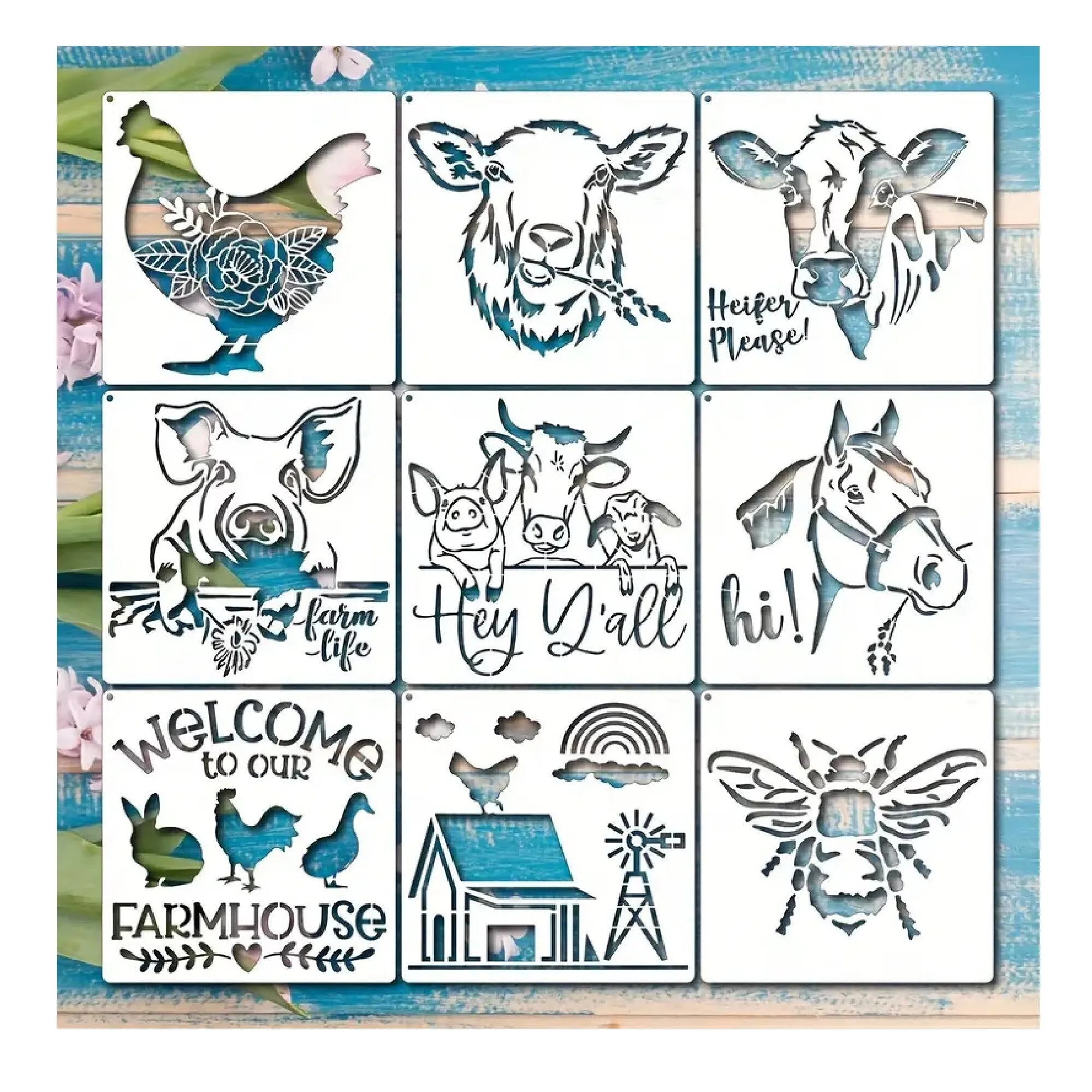 9 Piece Farm Stencils | Create Unique DIY Decorations With Designs