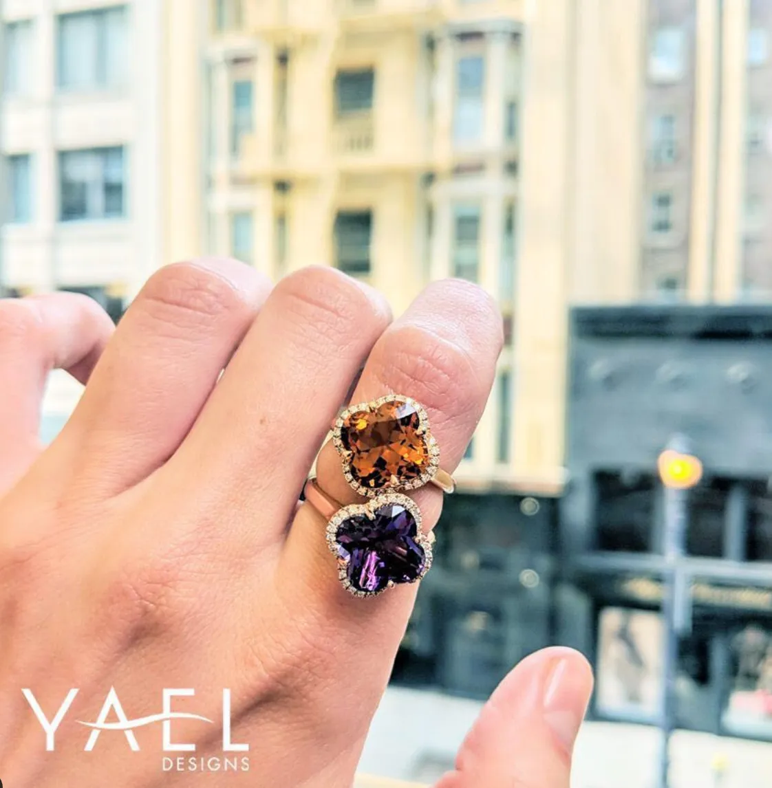 Amethyst Flower and Diamond Ring by Yael - Rose Gold