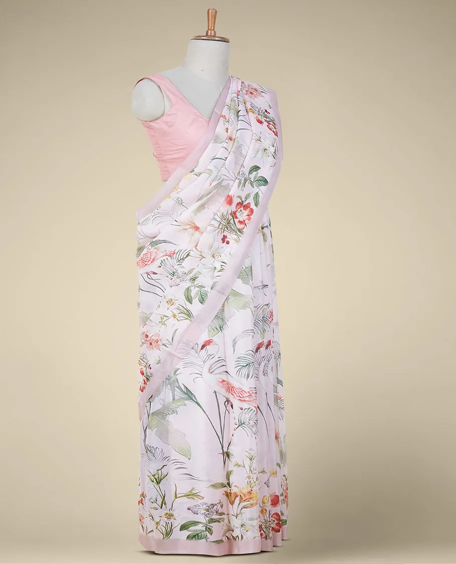 Baby pink printed semi banaras crepe saree with unique floral vine designs