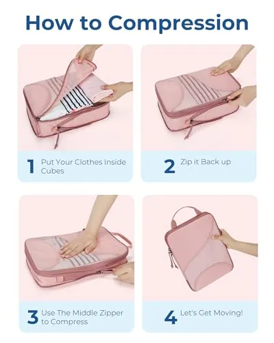 BAGSMART Compression Packing Cubes for Travel, 6 Set Travel Packing Cubes for Suitcases, Compression Suitcases Organizers Bag Set for Travel Essentials, Lightweight Packing Organizers Baby Pink