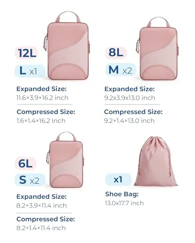 BAGSMART Compression Packing Cubes for Travel, 6 Set Travel Packing Cubes for Suitcases, Compression Suitcases Organizers Bag Set for Travel Essentials, Lightweight Packing Organizers Baby Pink