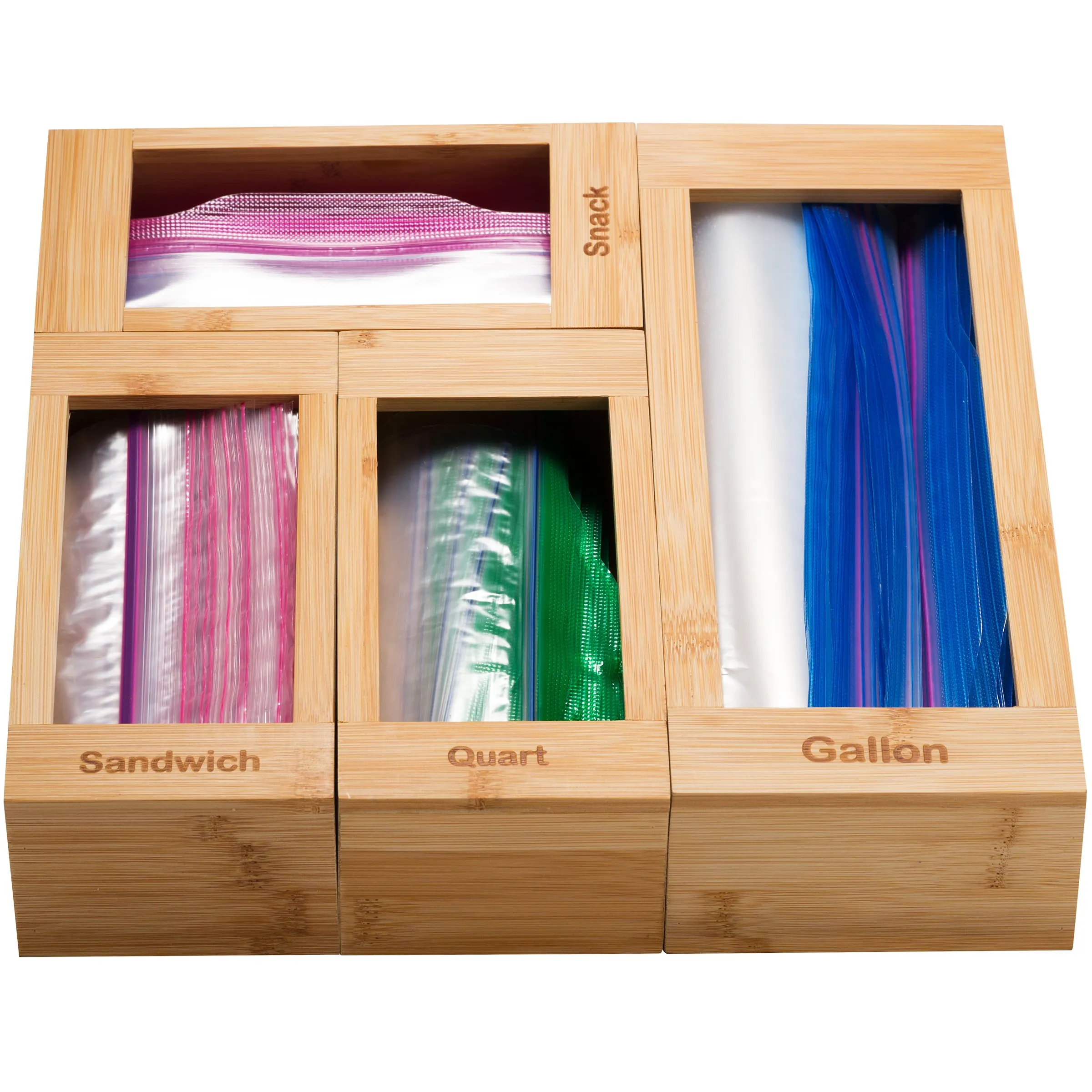 Bartnelli Drawer Storage Organizer for Bag , 4 PC Premium Bamboo Kitchen Drawer Organizer, Dispenser, and Bags Holders | Compatible With All Brands With Variety Sizes to fit All Bag Sizes