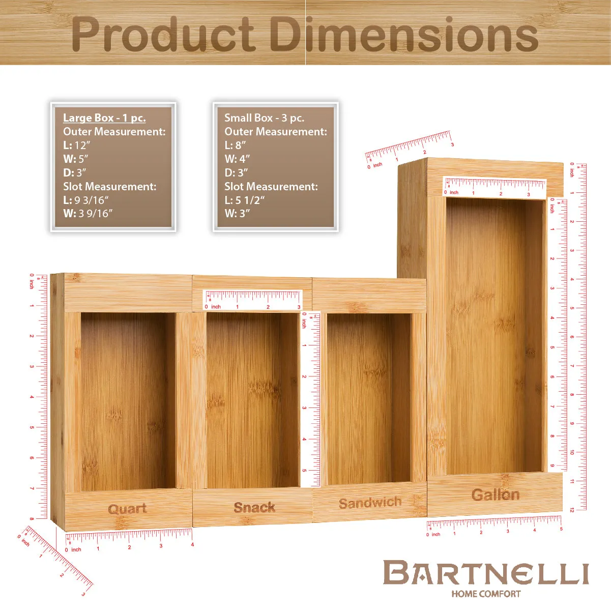 Bartnelli Drawer Storage Organizer for Bag , 4 PC Premium Bamboo Kitchen Drawer Organizer, Dispenser, and Bags Holders | Compatible With All Brands With Variety Sizes to fit All Bag Sizes