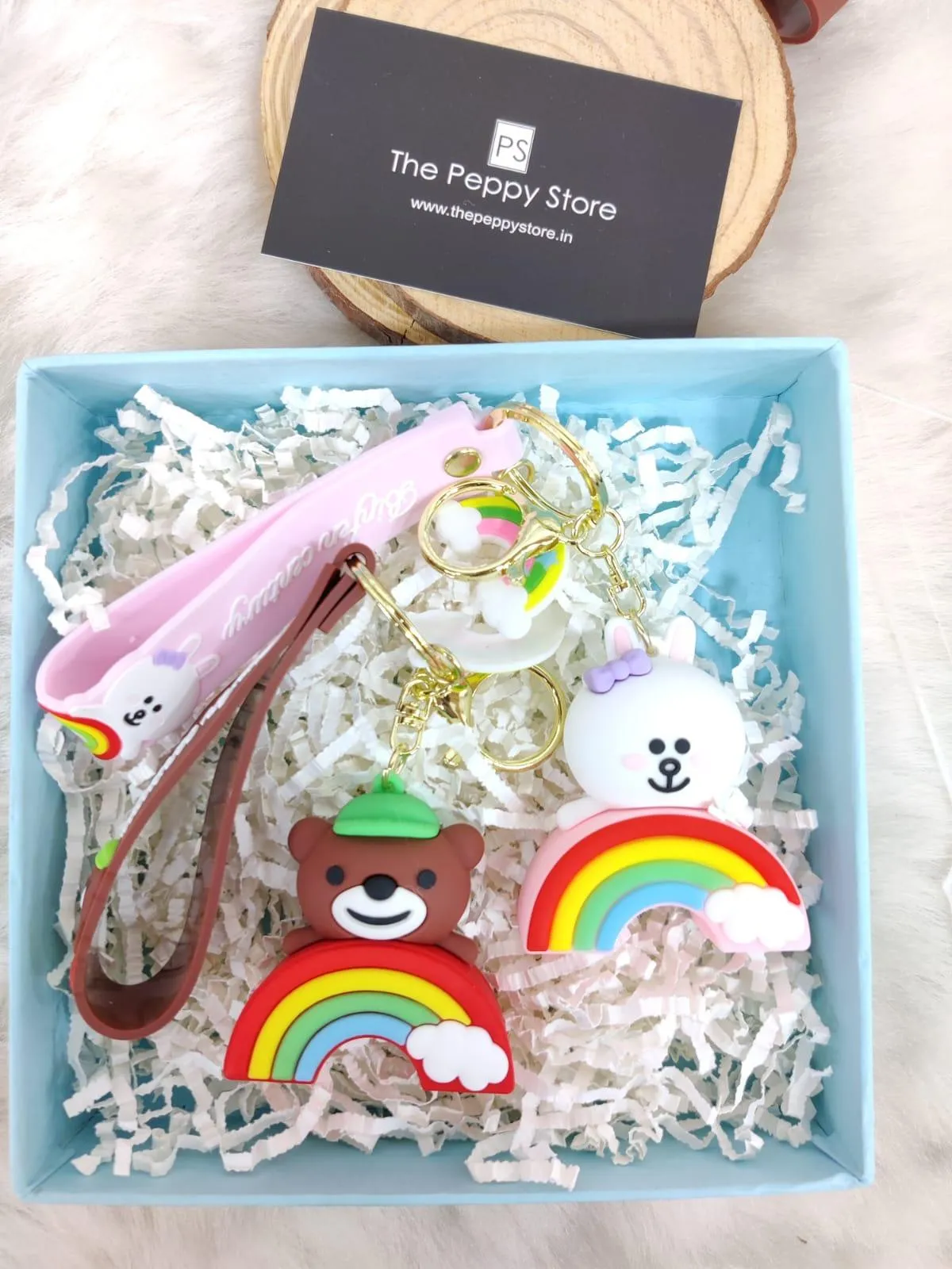 Bear on Rainbow Silicon Keychains with Bagcharm and Strap