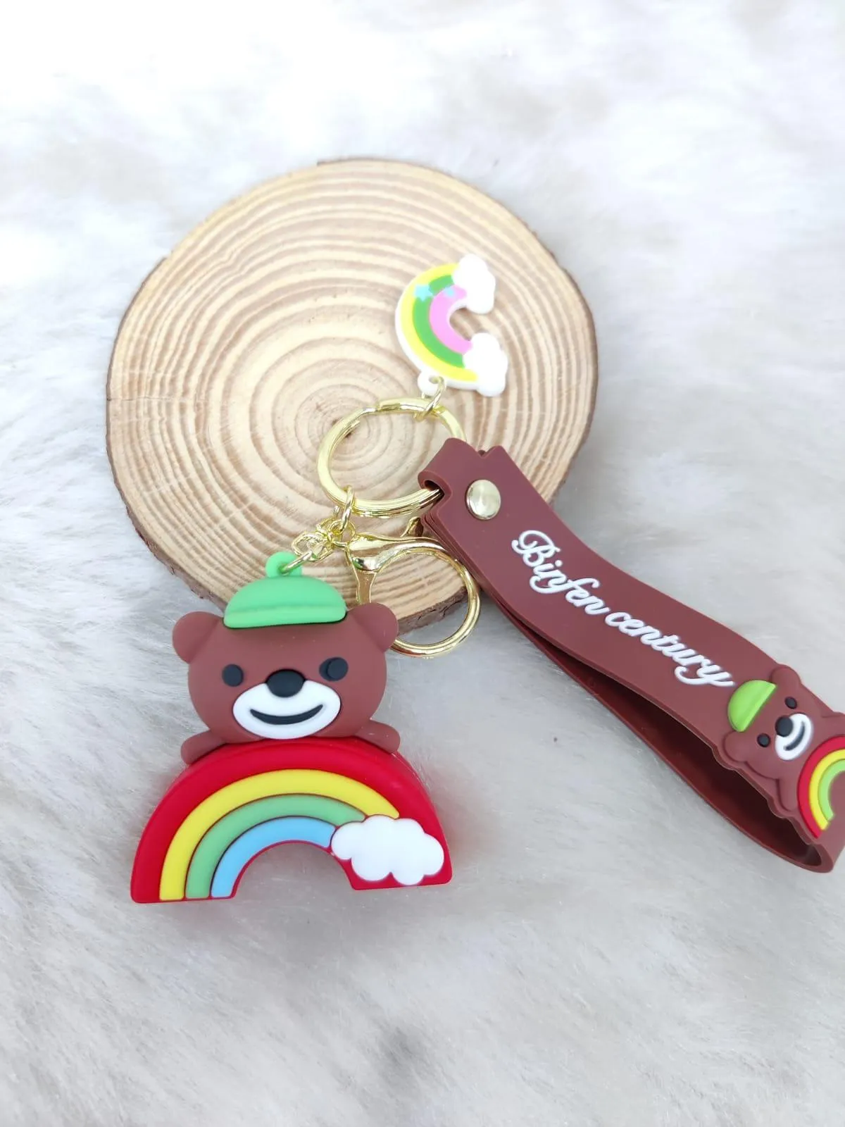 Bear on Rainbow Silicon Keychains with Bagcharm and Strap