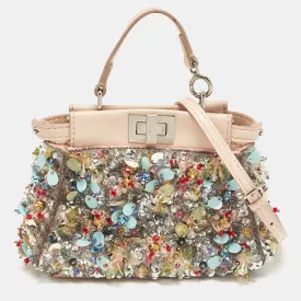 Beige Leather Micro Peekaboo Embellished Crossbody Bag