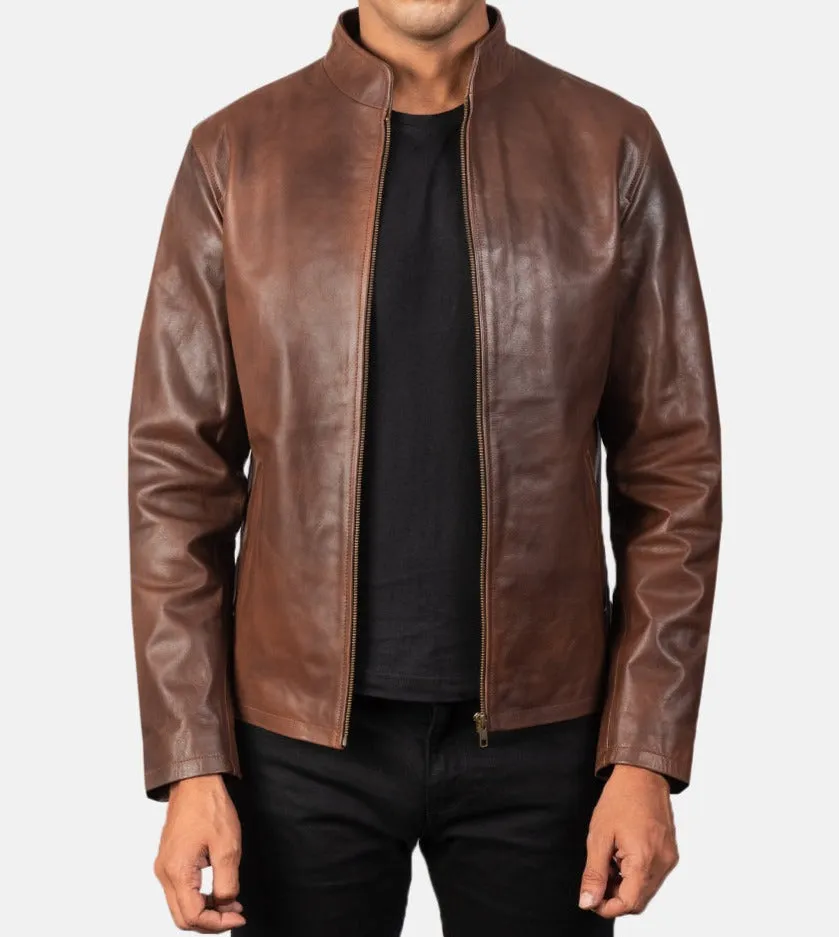 BIKER-1406 MUSH Brown Leather Biker Jacket