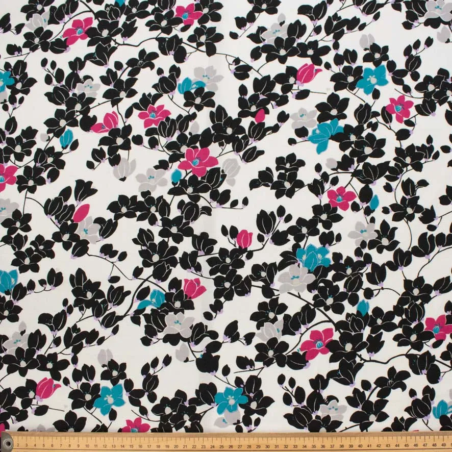 Black & Pink Floral Vines on White Printed Linen Look Crepe