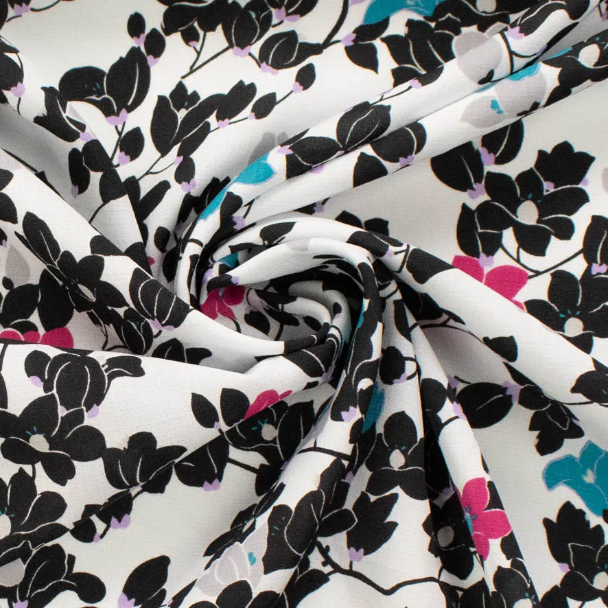 Black & Pink Floral Vines on White Printed Linen Look Crepe