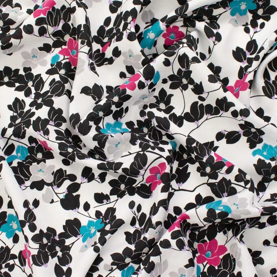 Black & Pink Floral Vines on White Printed Linen Look Crepe