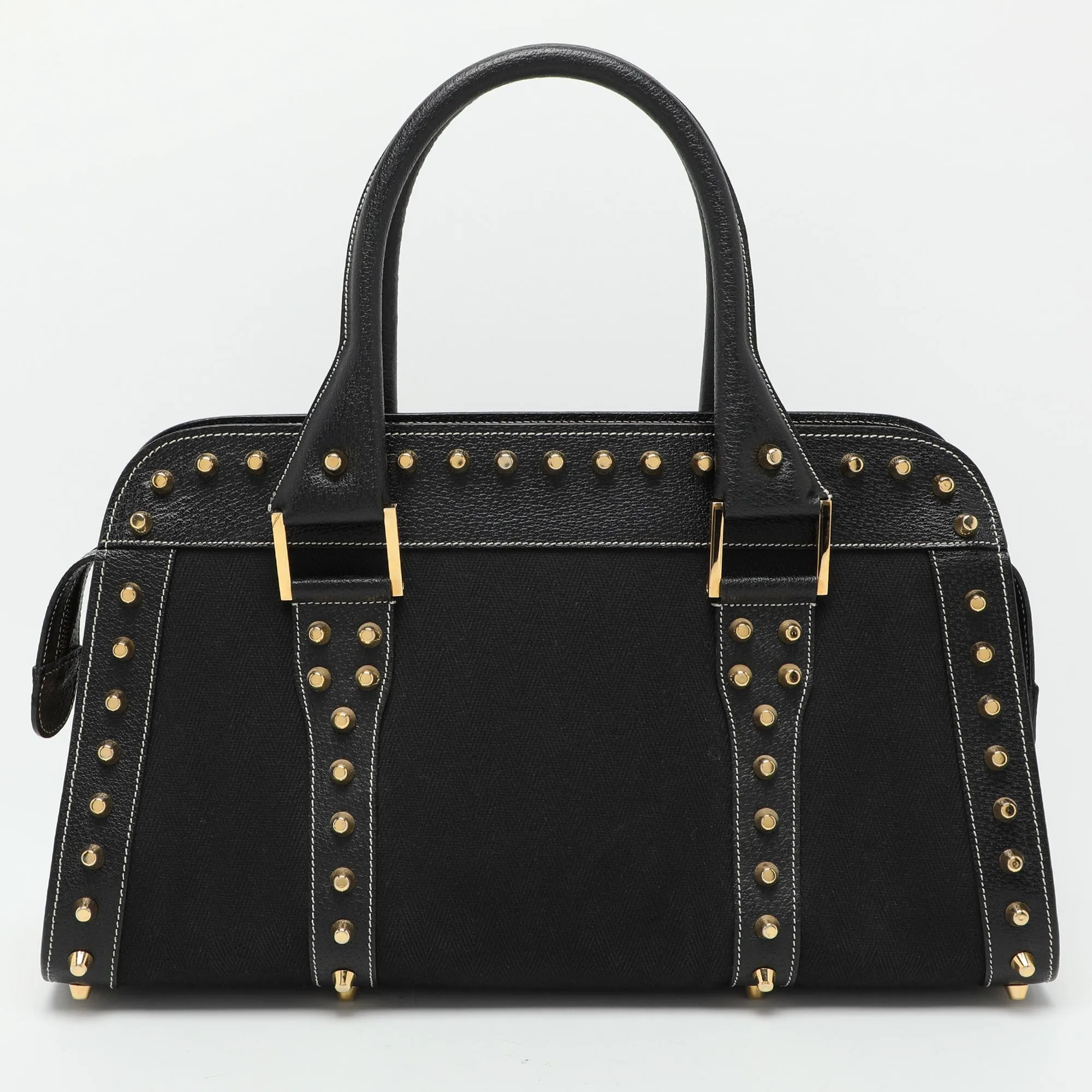 Black Canvas and Leather Selleria Embellished Satchel