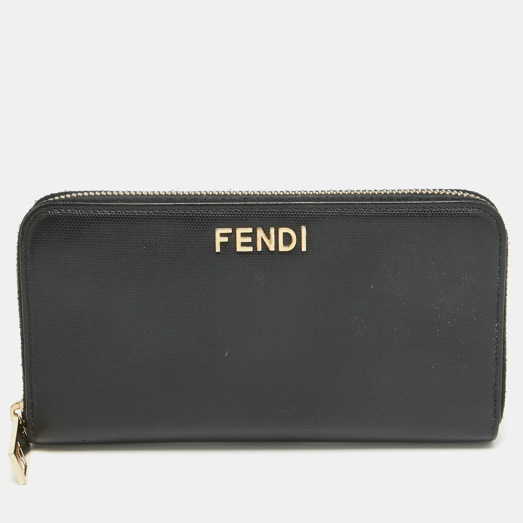 Black Leather Logo Zip Around Continental Wallet