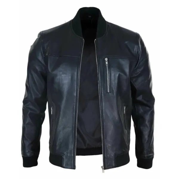 Black Leather Men's Bomber Jacket