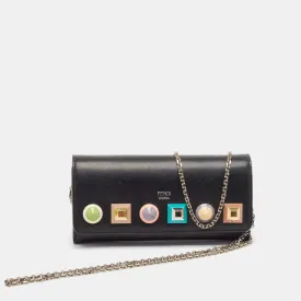 Black Leather Rainbow Stud Flap Wallet on Chain