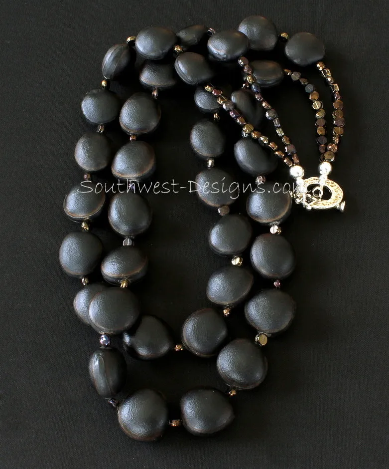 Black Ojo de Buey Seed 2-Strand Necklace with Czechoslovakian Nailheads and Sterling Silver