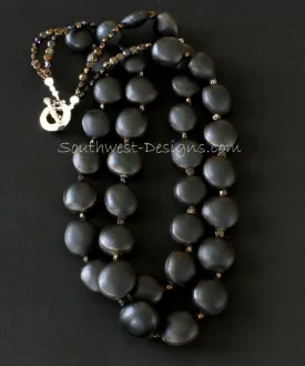 Black Ojo de Buey Seed 2-Strand Necklace with Czechoslovakian Nailheads and Sterling Silver