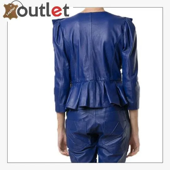 Blue Cropped Leather Peplum Biker Jacket