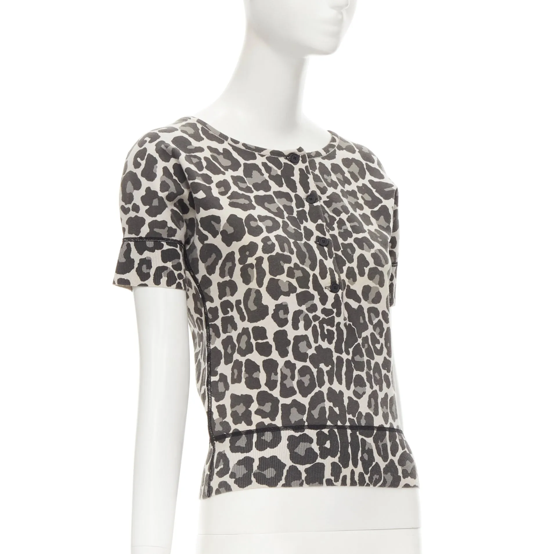 BOTTEGA VENETA grey leopard print cotton blend half button top IT38 XS