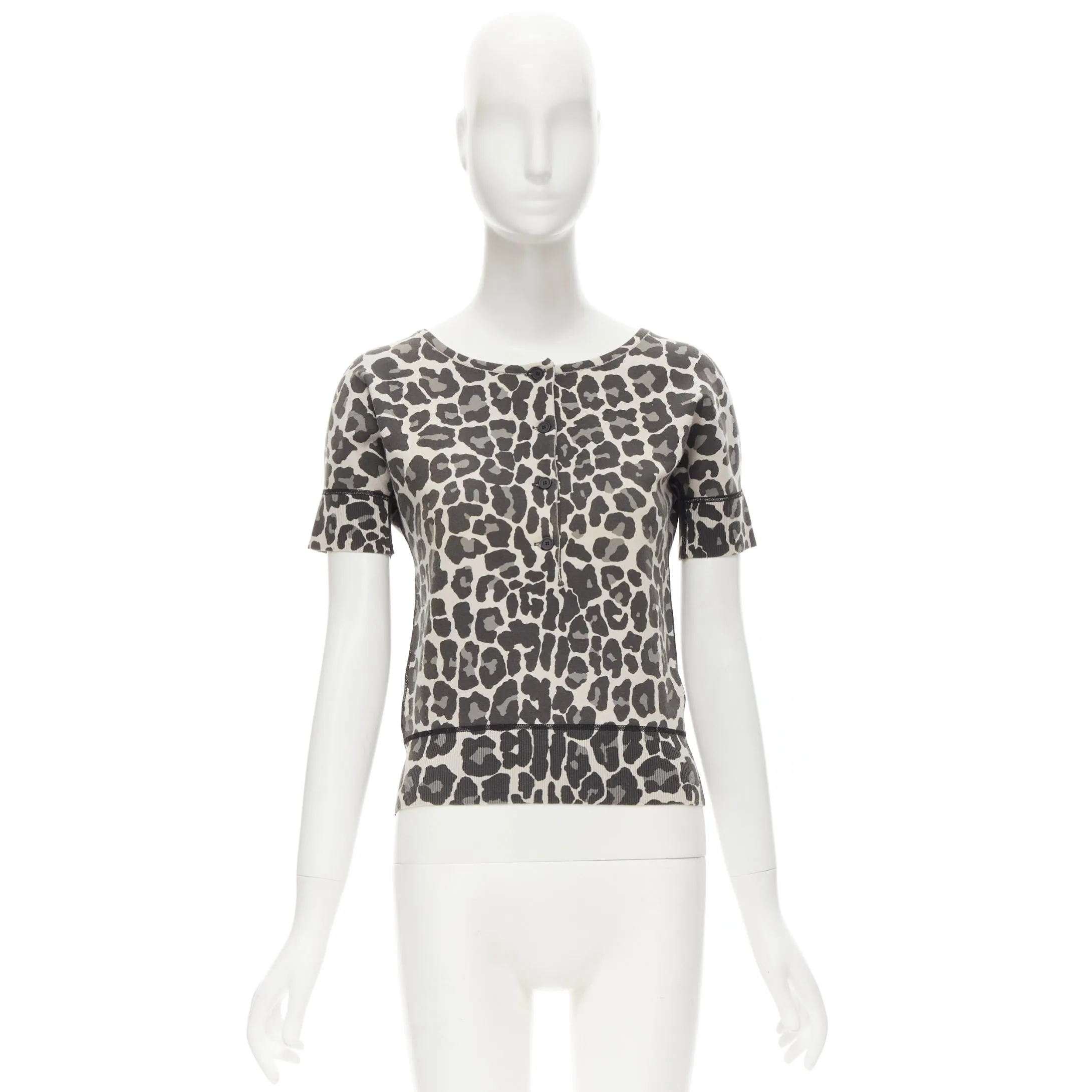 BOTTEGA VENETA grey leopard print cotton blend half button top IT38 XS