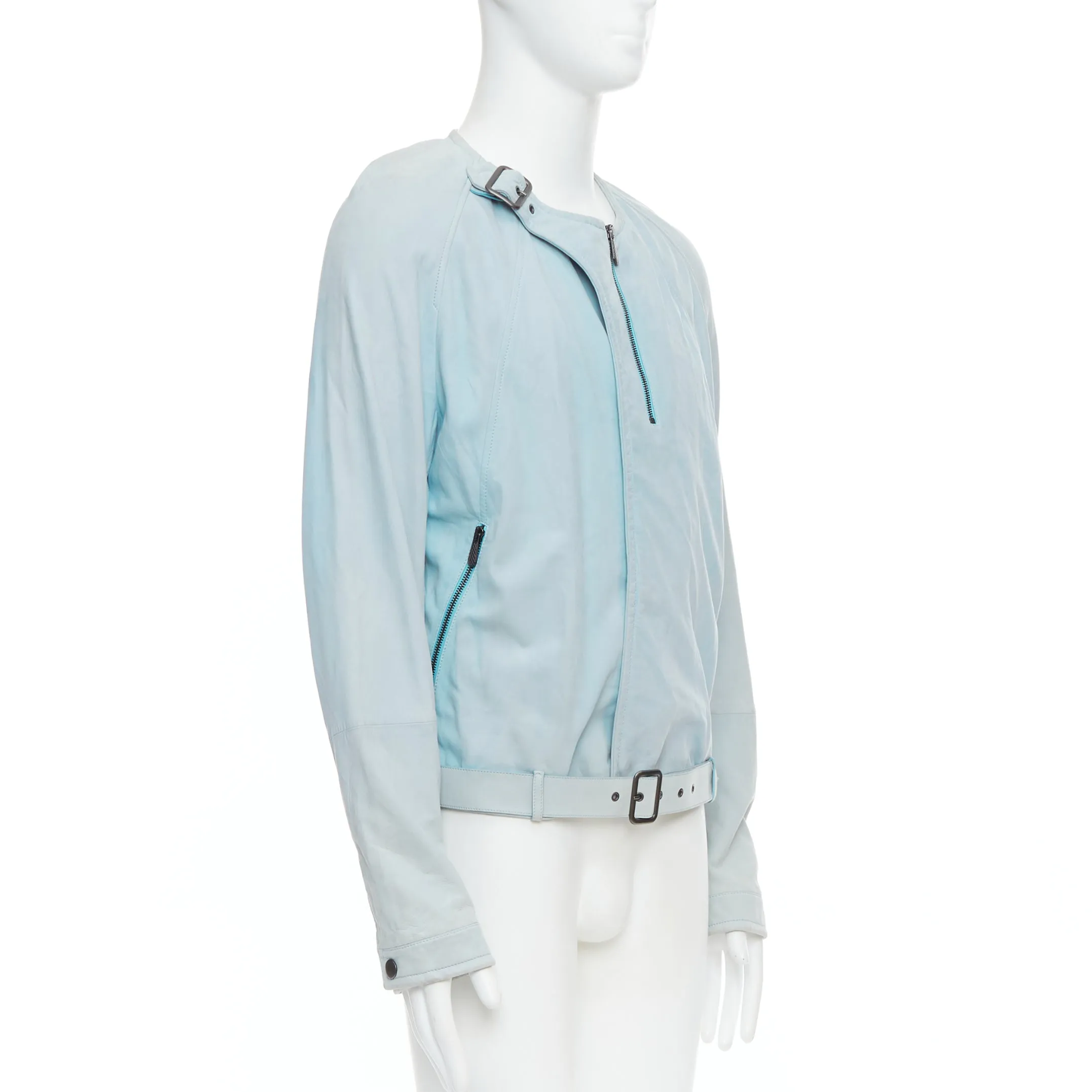 BOTTEGA VENETA light blue soft leather off centre biker jacket IT50 L