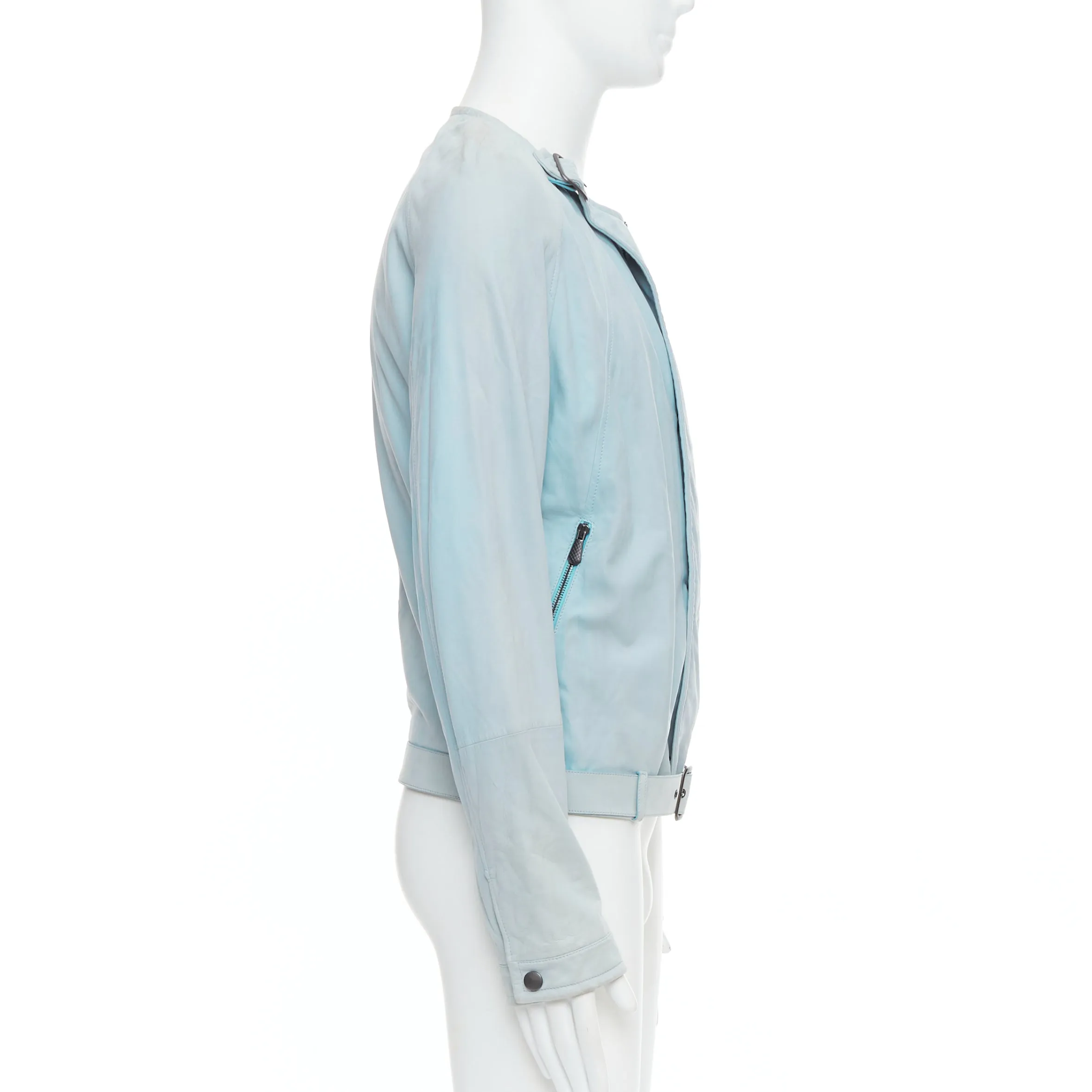 BOTTEGA VENETA light blue soft leather off centre biker jacket IT50 L