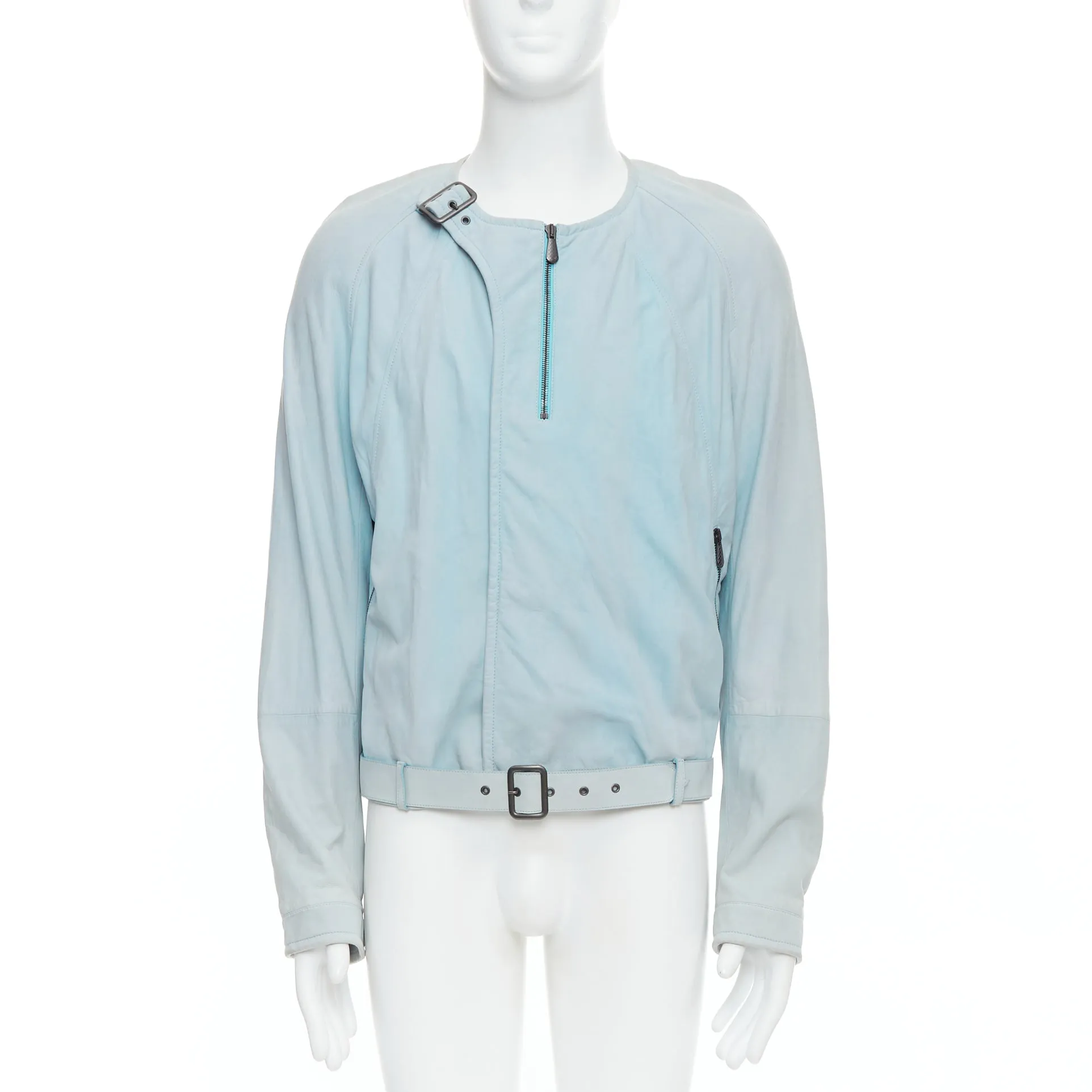 BOTTEGA VENETA light blue soft leather off centre biker jacket IT50 L