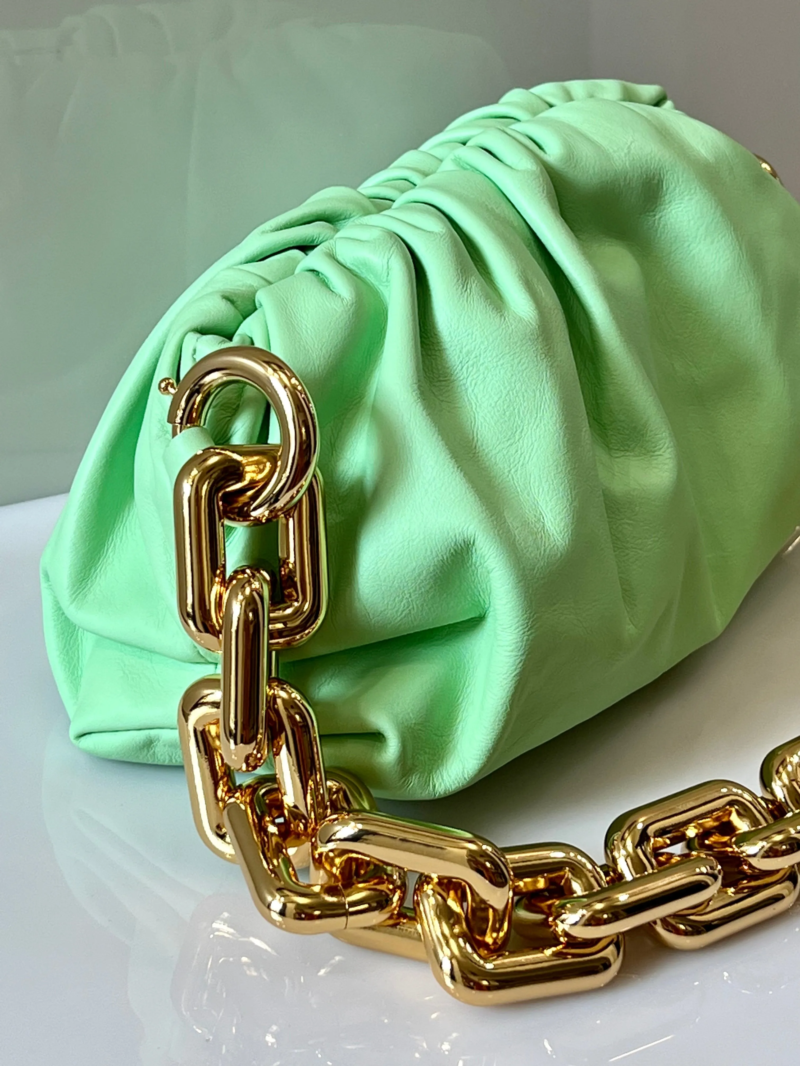 BOTTEGA VENETA TEEN CHAIN SHOULDER BAG IN WASABI GOLD