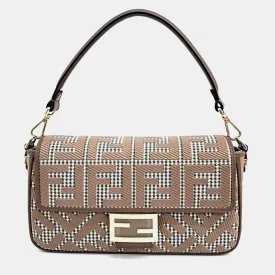 Brown Jacquard Baguette Shoulder Bag