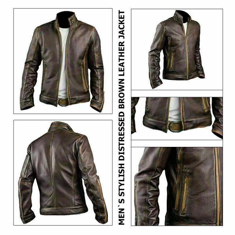 Cafe Racer Stylish Distressed Brown Biker Vintage Real Leather Men's Jacket UK