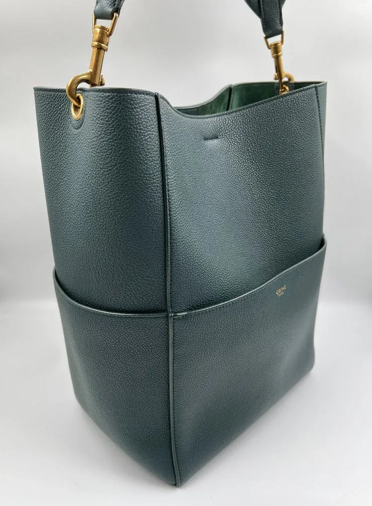 Celine Sangle Bucket Tote in Soft Grained Calfskin Amazone Green