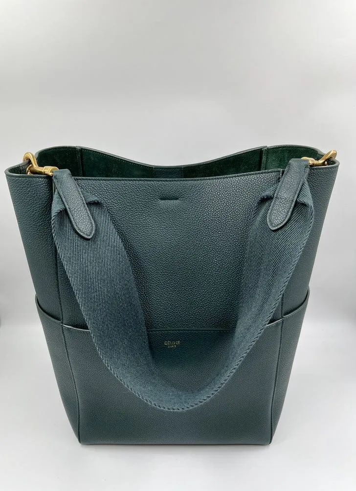 Celine Sangle Bucket Tote in Soft Grained Calfskin Amazone Green