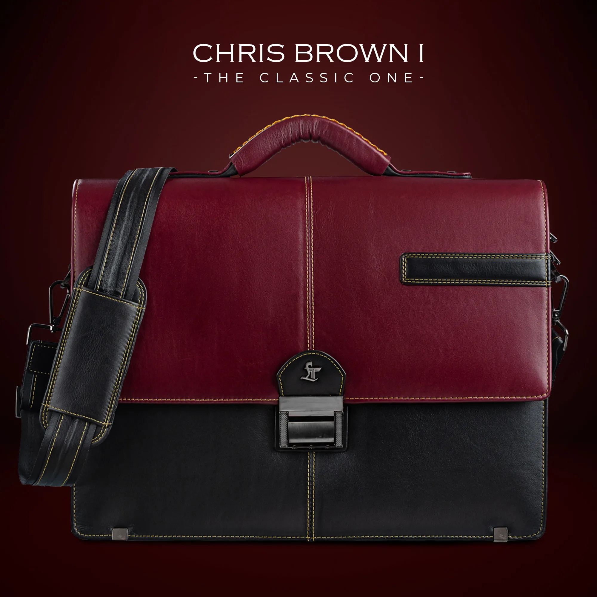 Chris Brown I | Luxury Leather Laptop/Office Bag | Genuine Leather Folio Bag | Color: Cherry