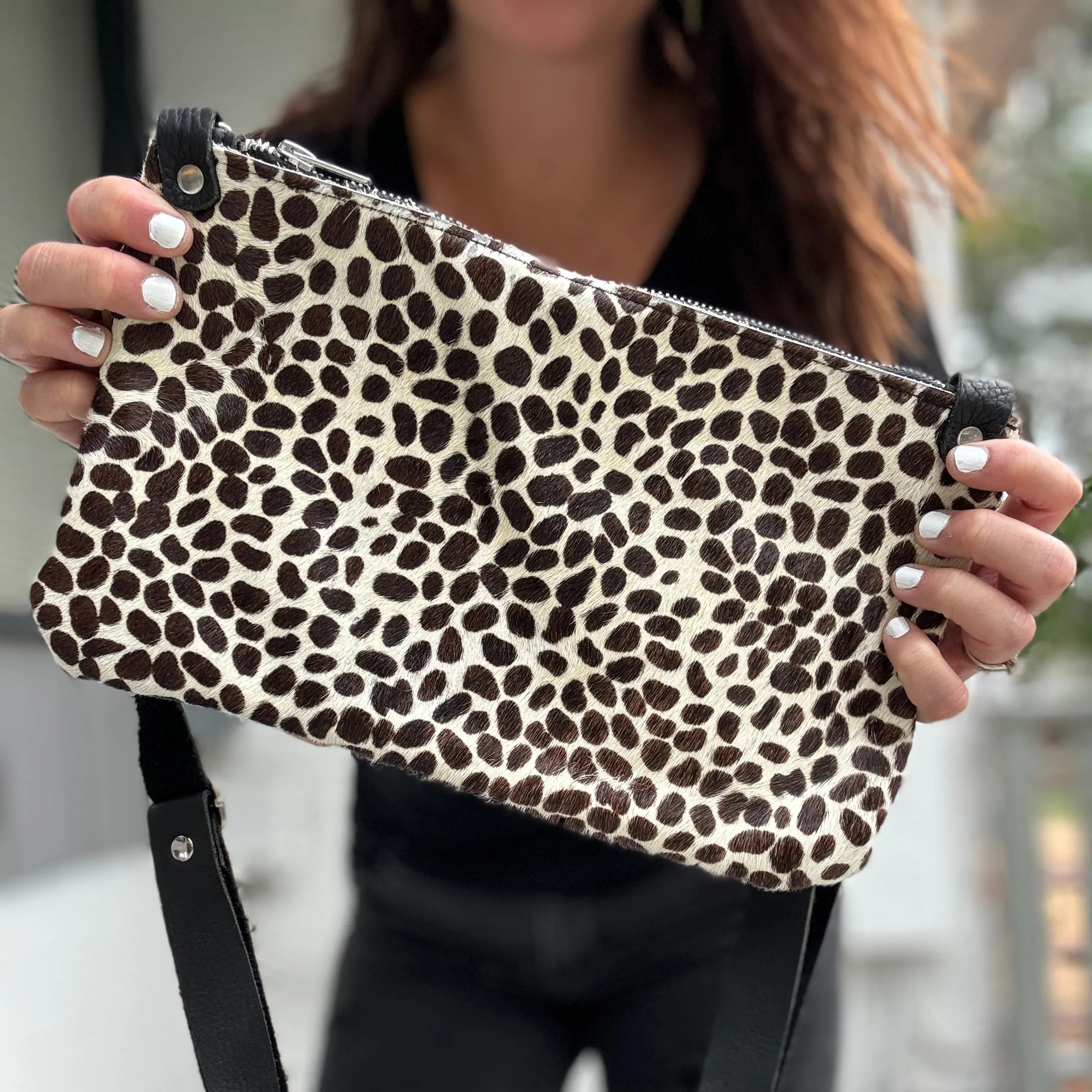 Clutch Sized Crossbody Bag - Black   White Cheetah