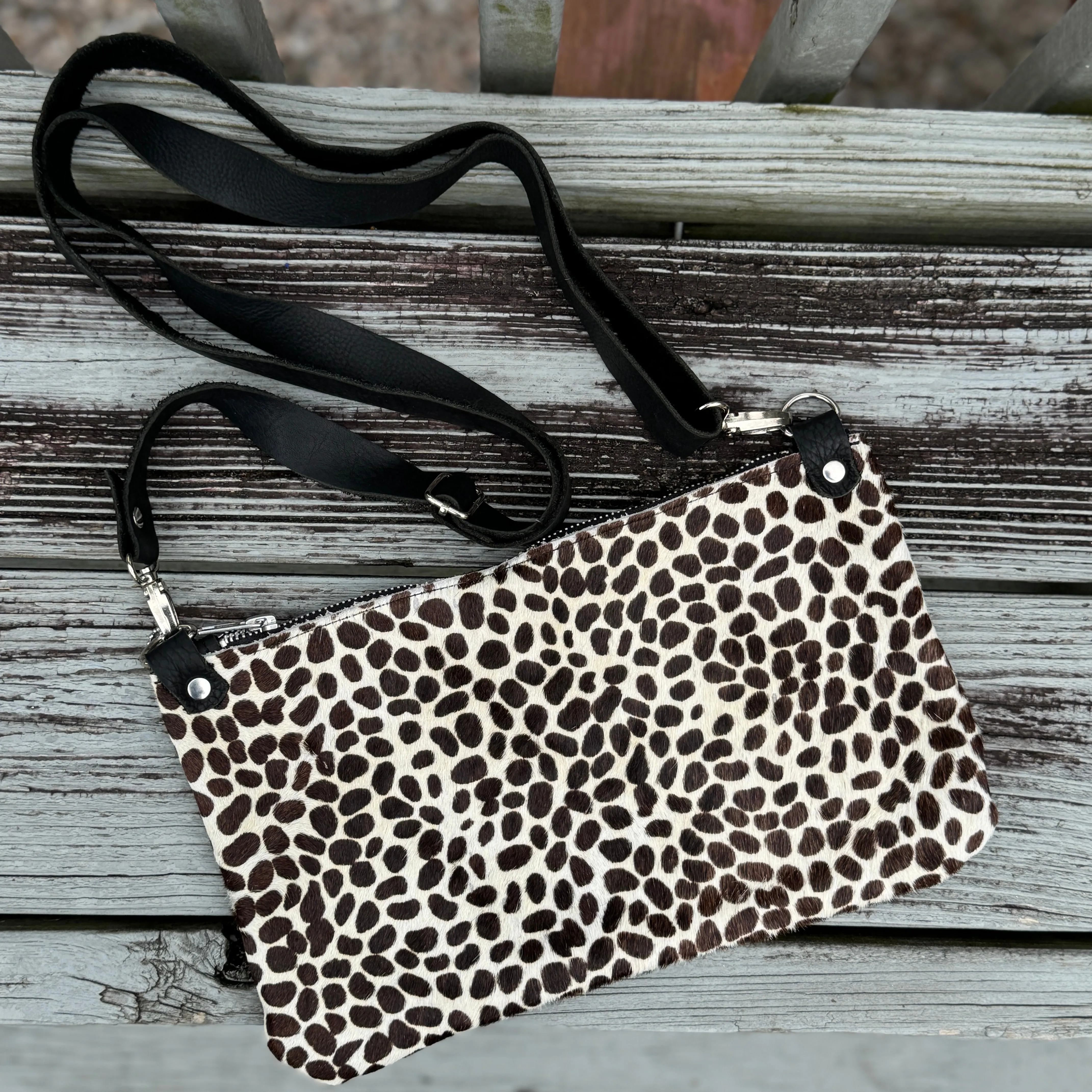 Clutch Sized Crossbody Bag - Black   White Cheetah