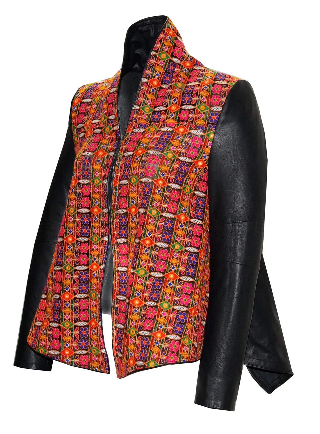 Ethnic Embroidery Waterfall Drape  Leather Women Jacket