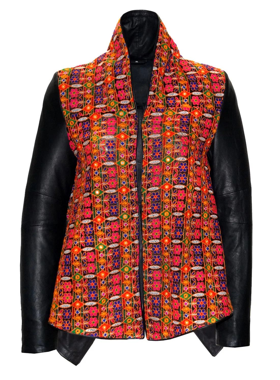 Ethnic Embroidery Waterfall Drape  Leather Women Jacket