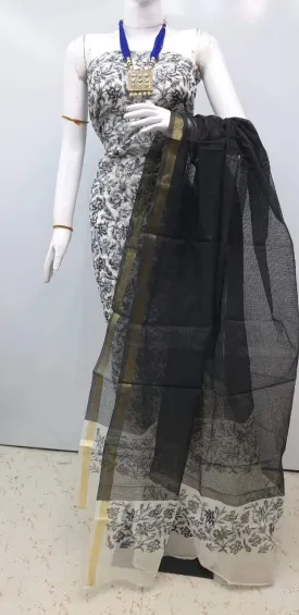 Exclusive Black Block Printed soft Kota Cotton Kurta Dupatta Fabric Set KOTASS10