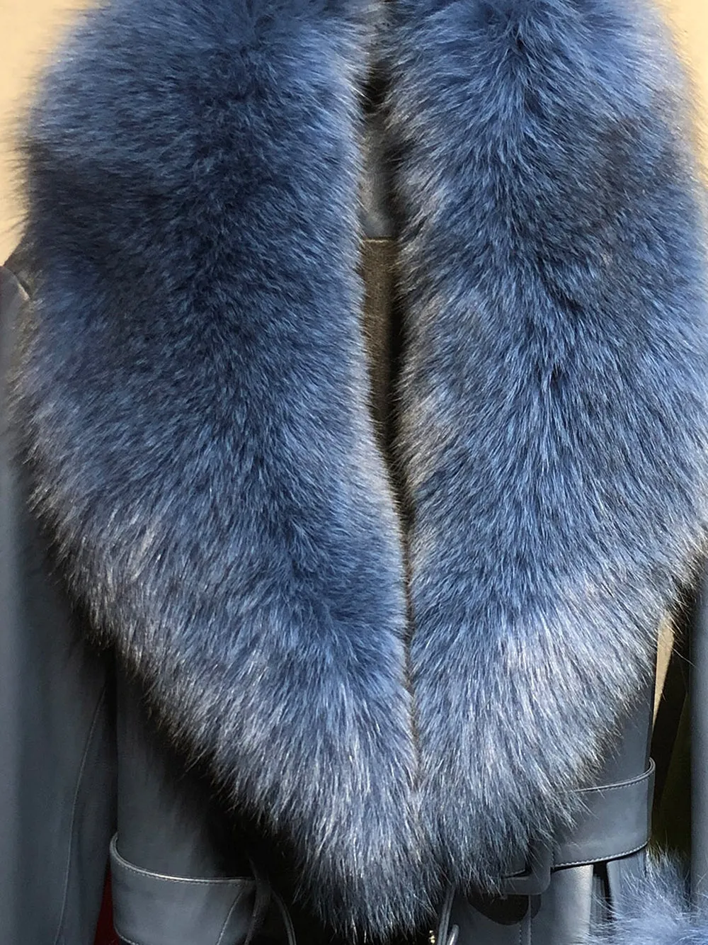 Faux Fur Genuine Leather Coat in Yale Blue