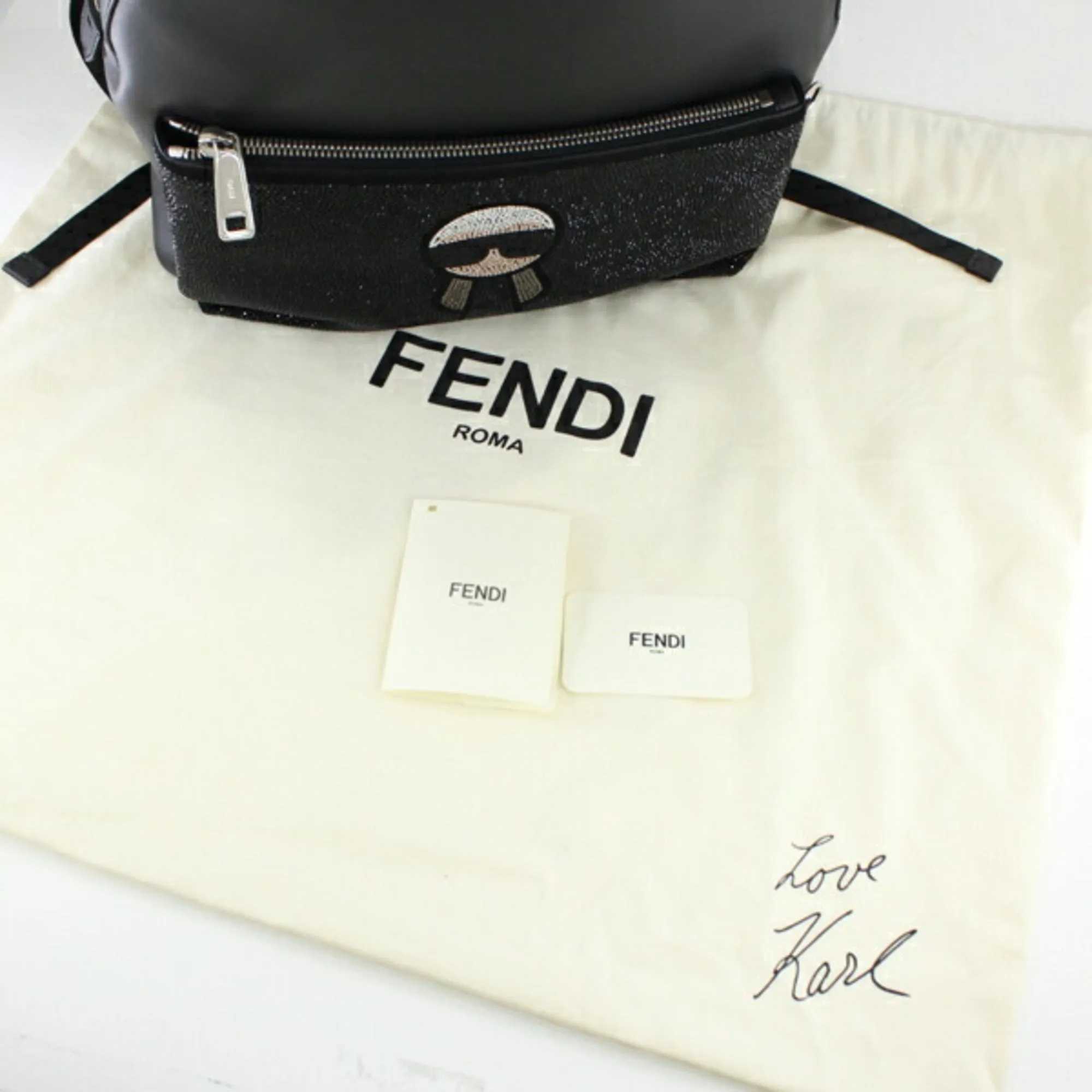 FENDI Backpack Rucksack Carlito Karl Lager Felt Leather X Crystal Men's Women's Black 7VZ012 7OO F0X93 Fashion