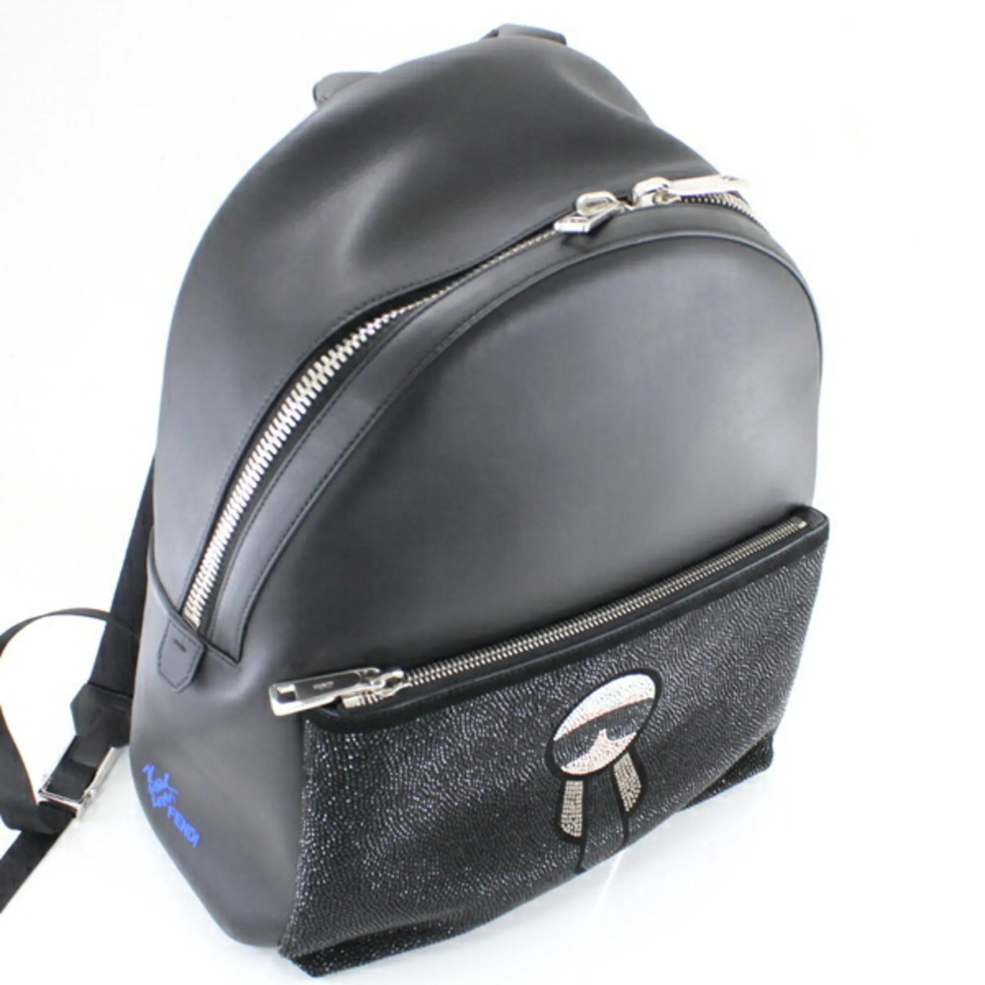 FENDI Backpack Rucksack Carlito Karl Lager Felt Leather X Crystal Men's Women's Black 7VZ012 7OO F0X93 Fashion