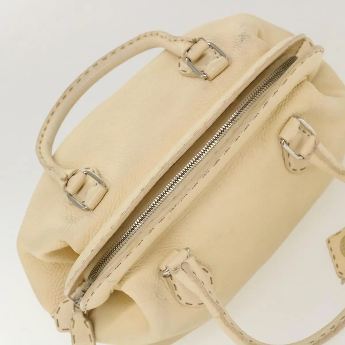 FENDI Celeria Hand Bag Leather Beige Auth rd4791