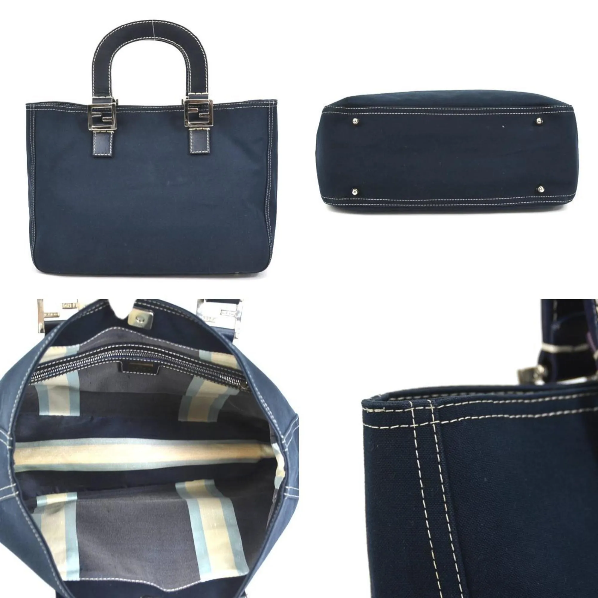 FENDI Handbag Canvas/Leather Navy Silver Ladies